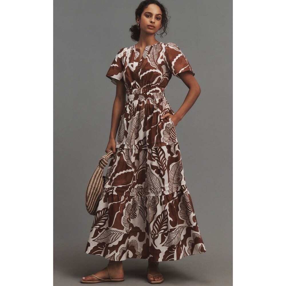 Anthropologie Brown and White Leaf-Print Maxi Dress
